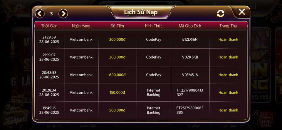 Nạp tiền Sunwin 1 Ảnh nạp tiền Sunwin bằng CODEPAY và Chuyển Khoản